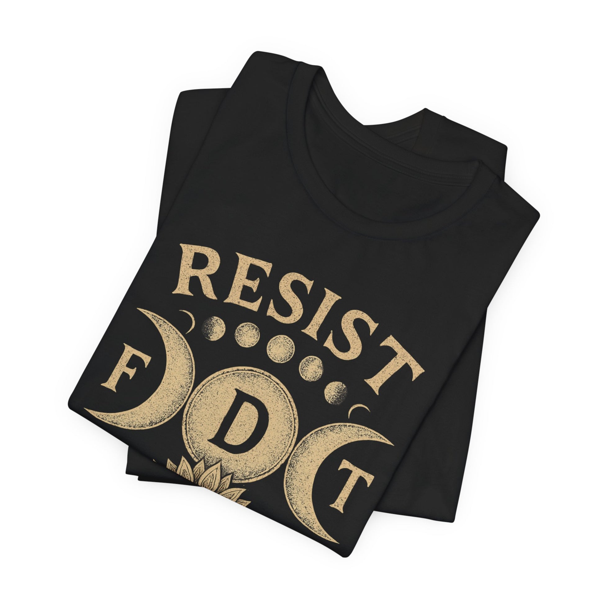 Black t-shirt with "RESIST" and celestial moon phases design.