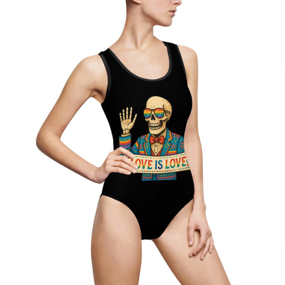 LGBTQ+ Pride Swimwear, Colorful Skeleton Love is Love Swimsuit, Trendy Beachwear, Summer Pool Party, Unique Gift for Her