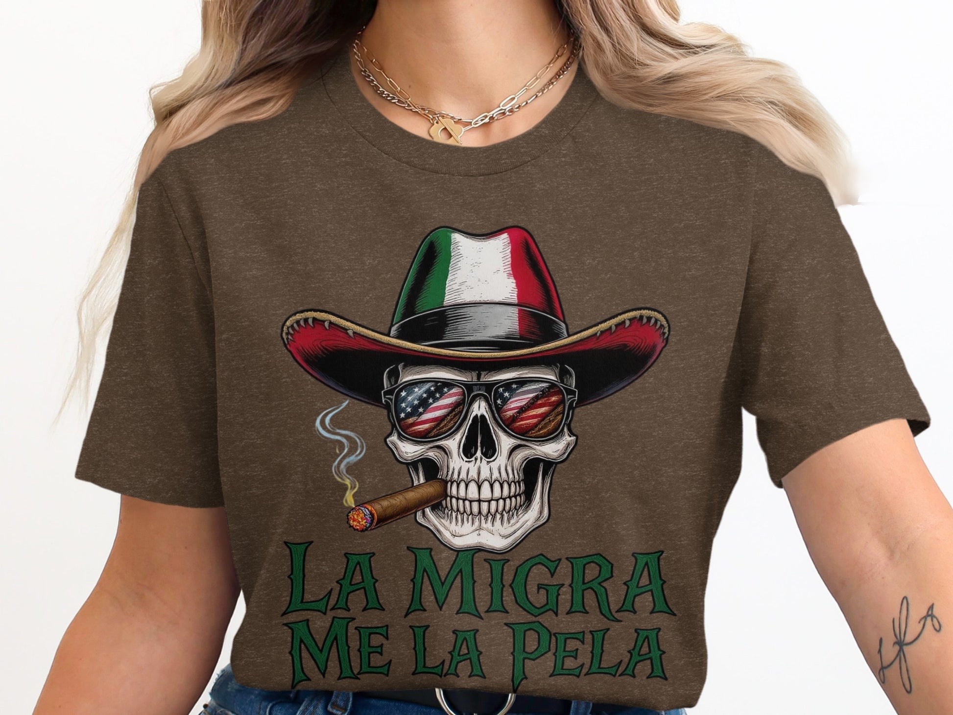 La Migra Me La Pela Skull with Hat T-Shirt product