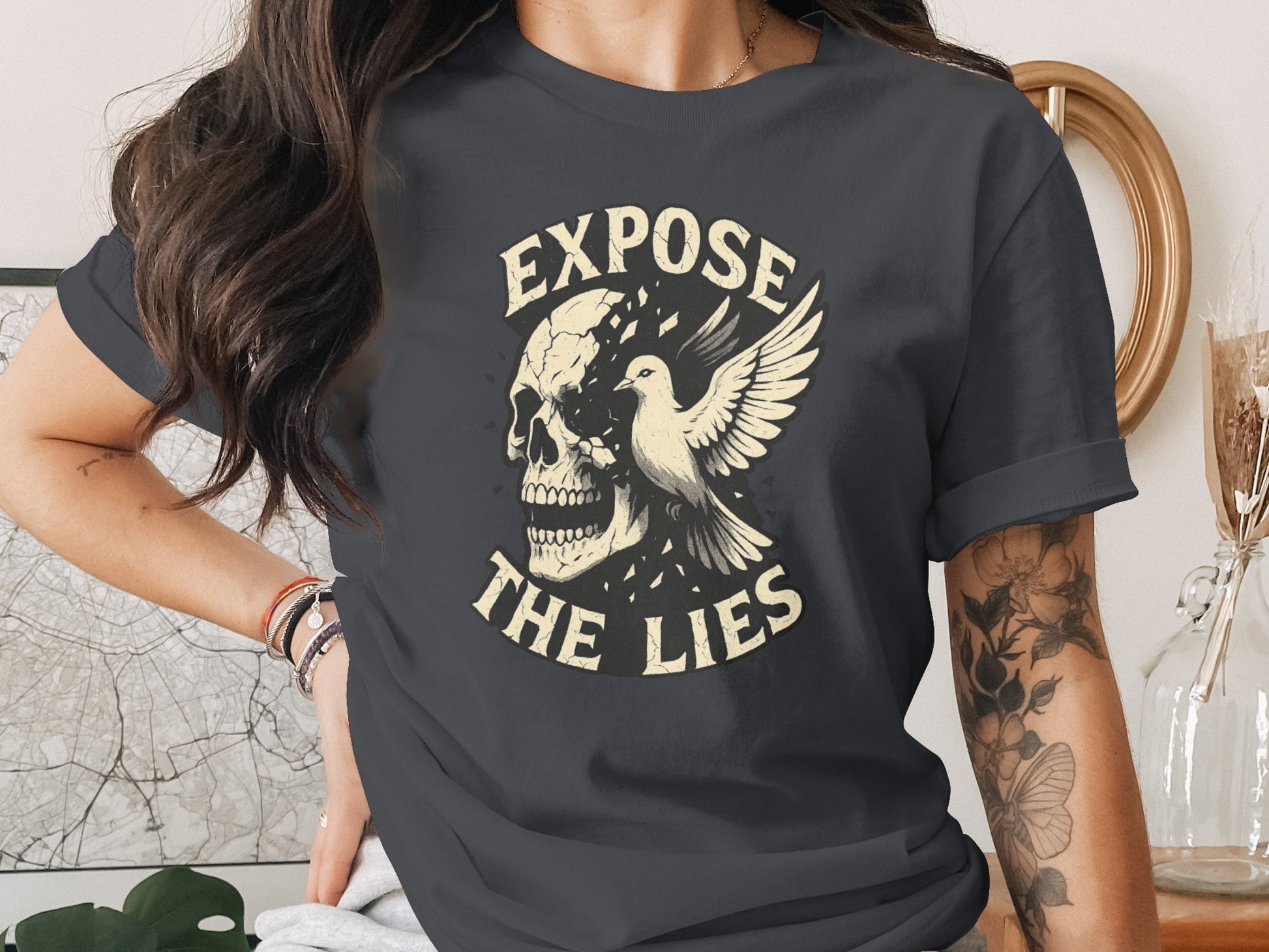 Expose the Lies Skull and Dove Graphic T-Shirt product type