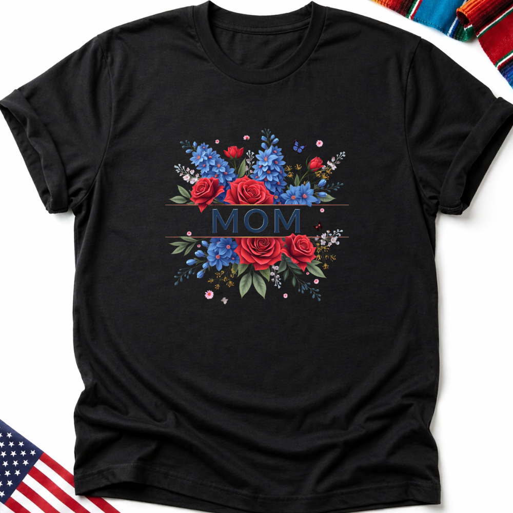 Black t-shirt with "MOM" in red text surrounded by red and blue flowers.