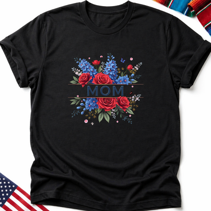 Black t-shirt with "MOM" in red text surrounded by red and blue flowers.