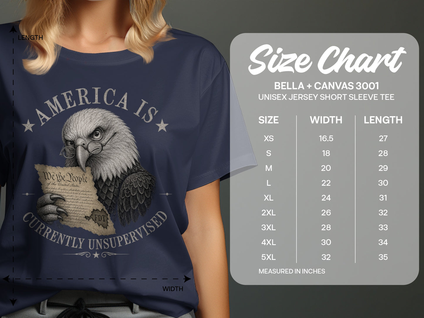 Navy t-shirt with eagle graphic and "AMERICA IS CURRENTLY UNSUPERVISED" text, next to a size chart.