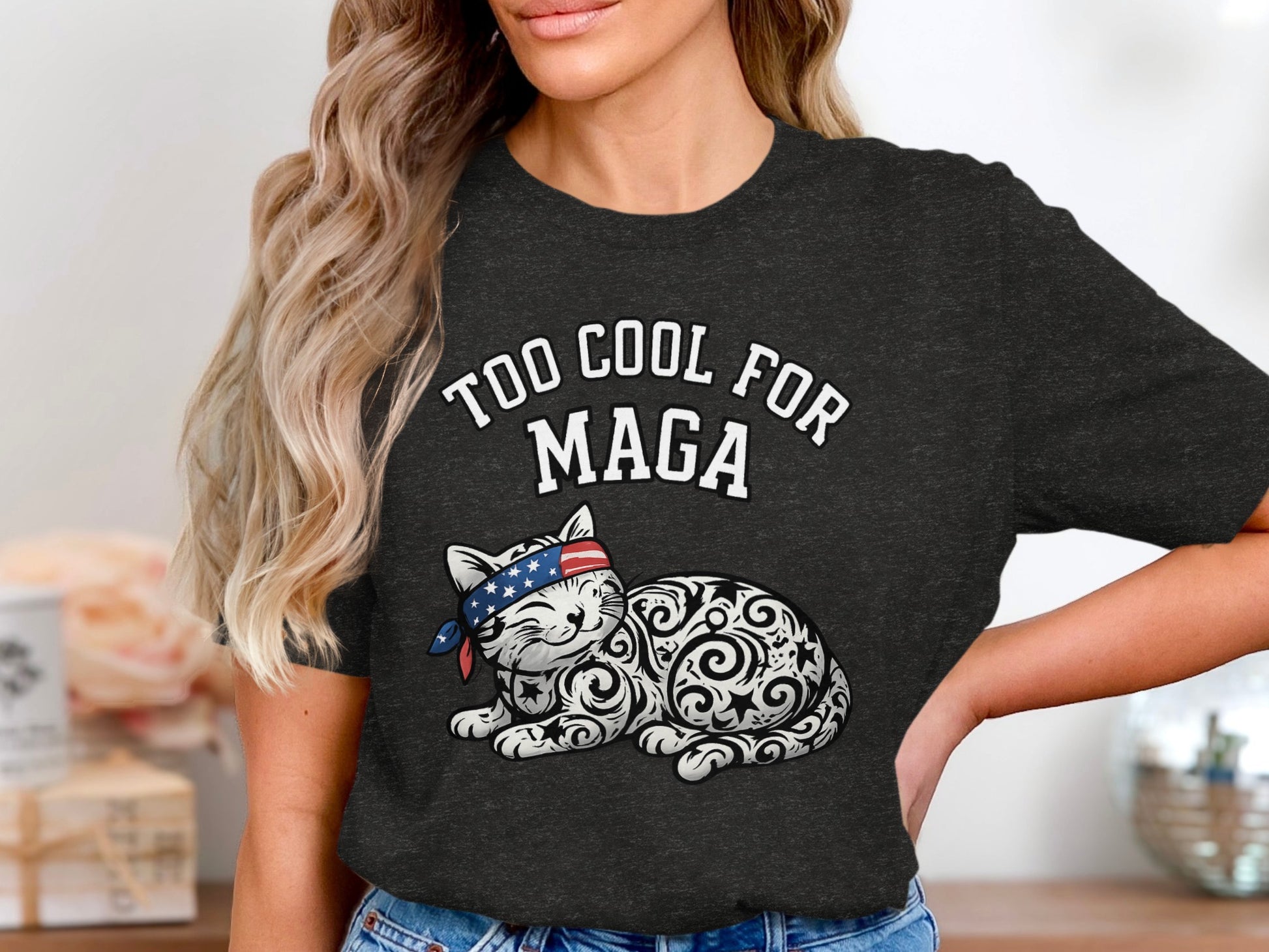 Too Cool for MAGA Cat Graphic Printed TShirt product