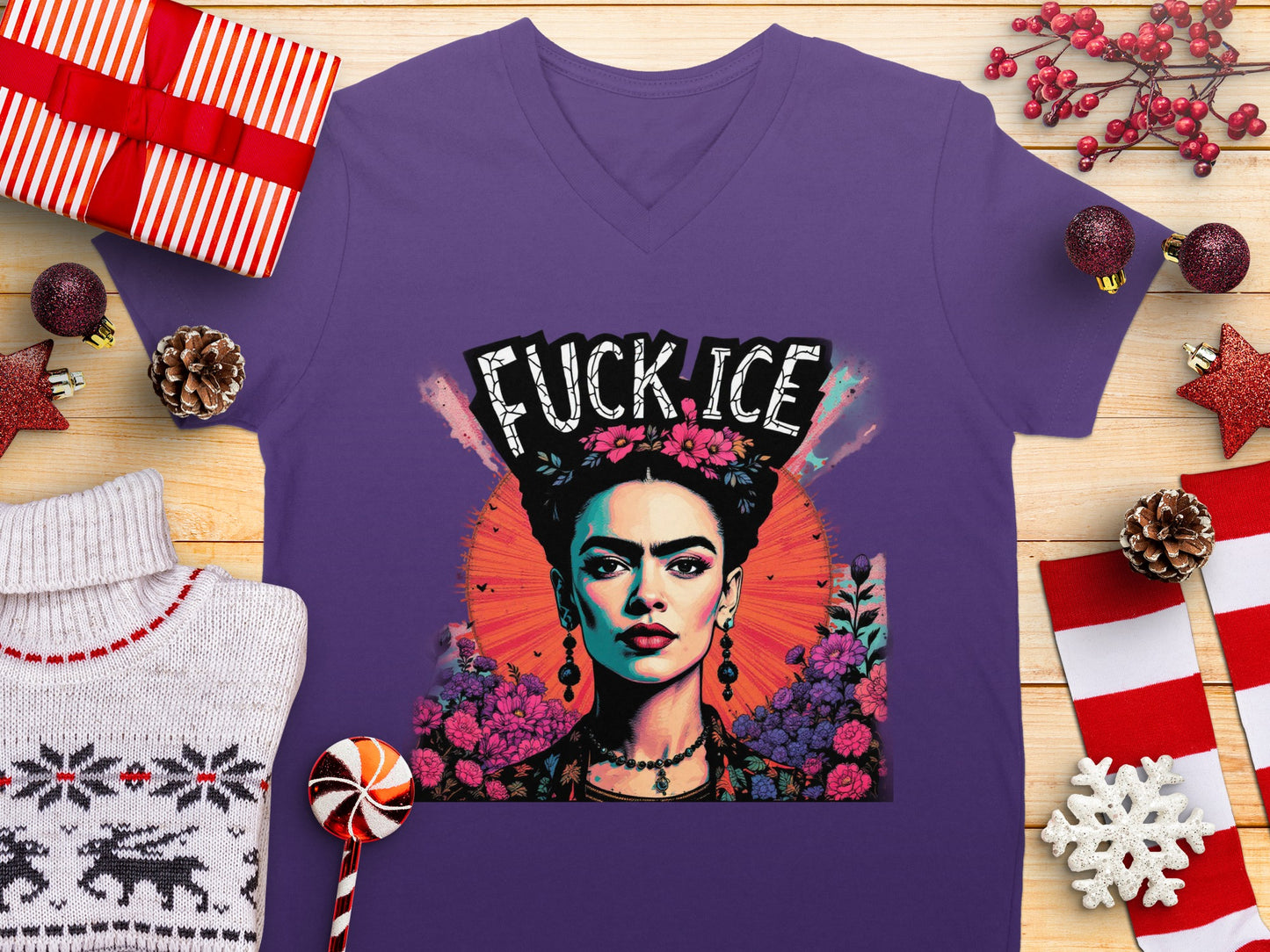 Vibrant Frida Kahlo Themed Fuck ICE Statement T-Shirt