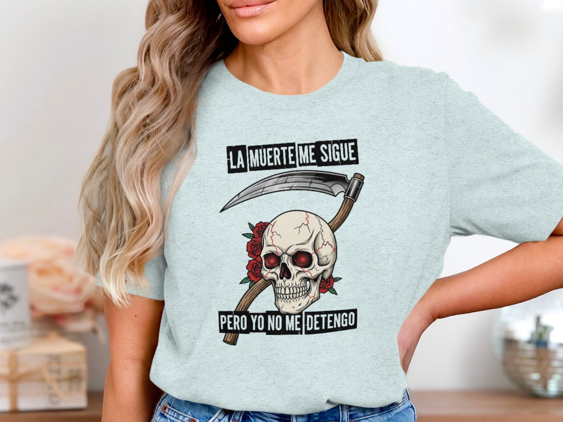 La Muerte Me Sigue Skull Design Graphic T-Shirt product type