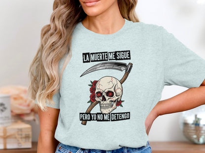 La Muerte Me Sigue Skull Design Graphic T-Shirt product type