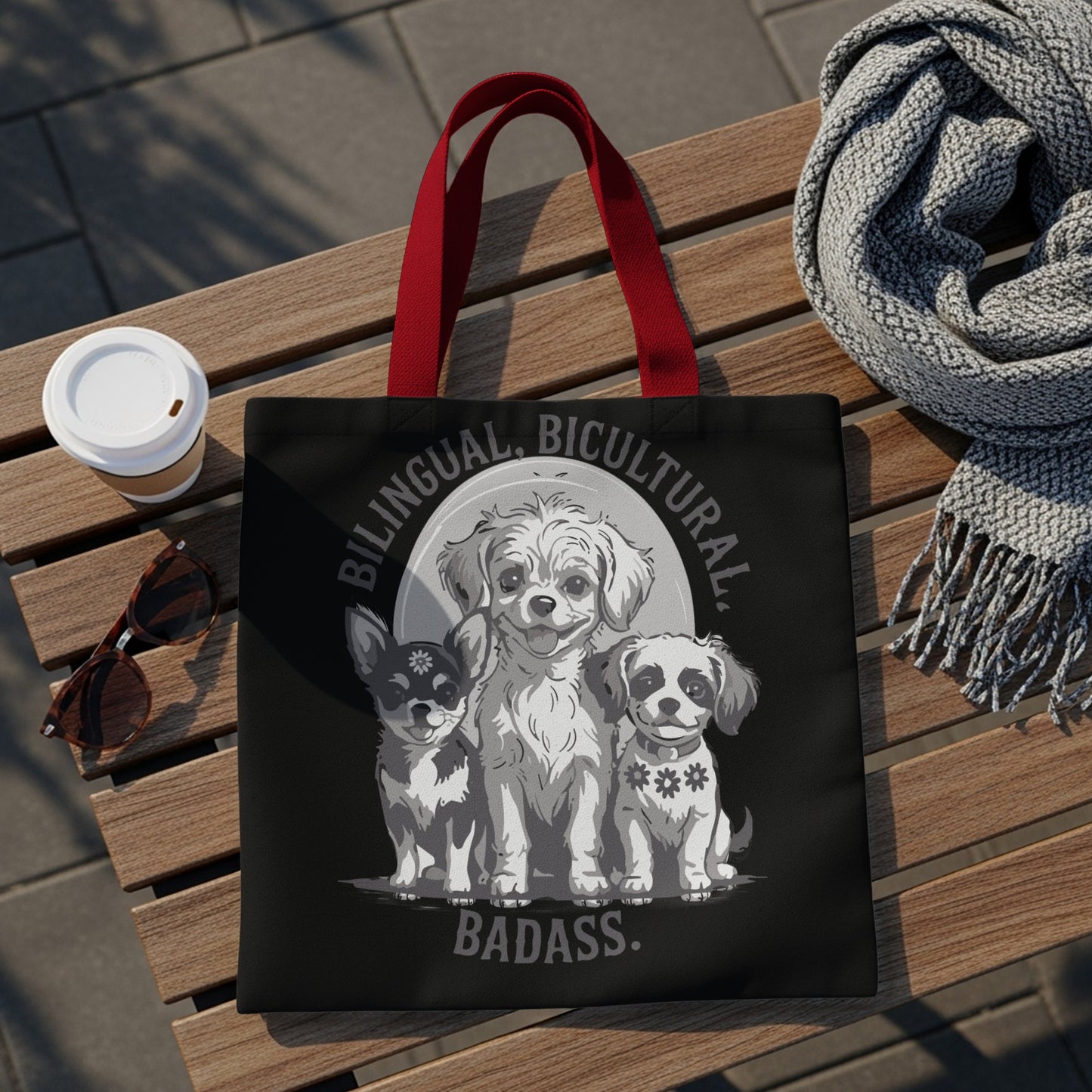 Tote bag with three dogs and text "BILINGUAL. BICULTURAL. BADASS."