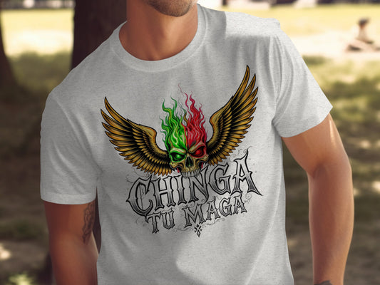 Chinga Tu Maga Glowing Skull Wings T-shirt product