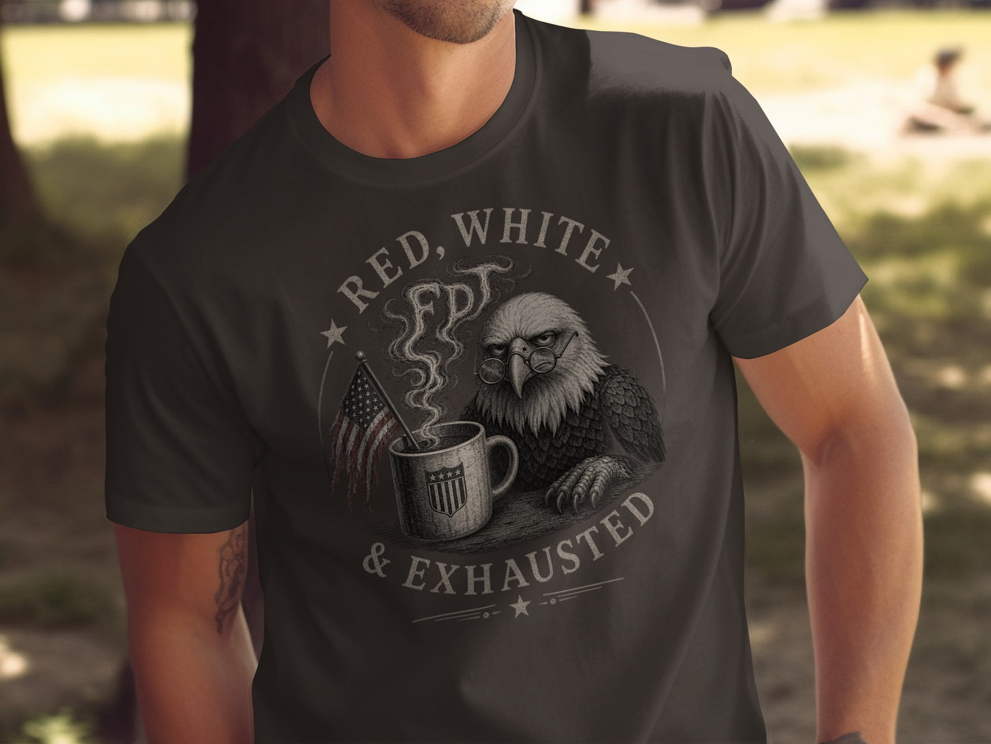Eagle wearing glasses, holding coffee cup with US flag, "Red, White & Exhausted" text.