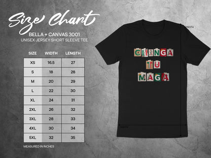 BELLA + CANVAS 3001 size chart with unisex jersey short sleeve tee dimensions.