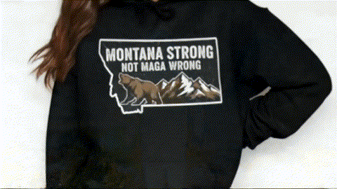 A black hoodie with a graphic design on it, featuring a bear and mountains.