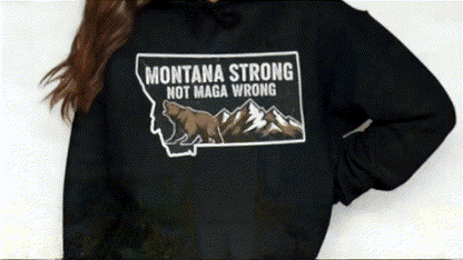 A black hoodie with a graphic design on it, featuring a bear and mountains.