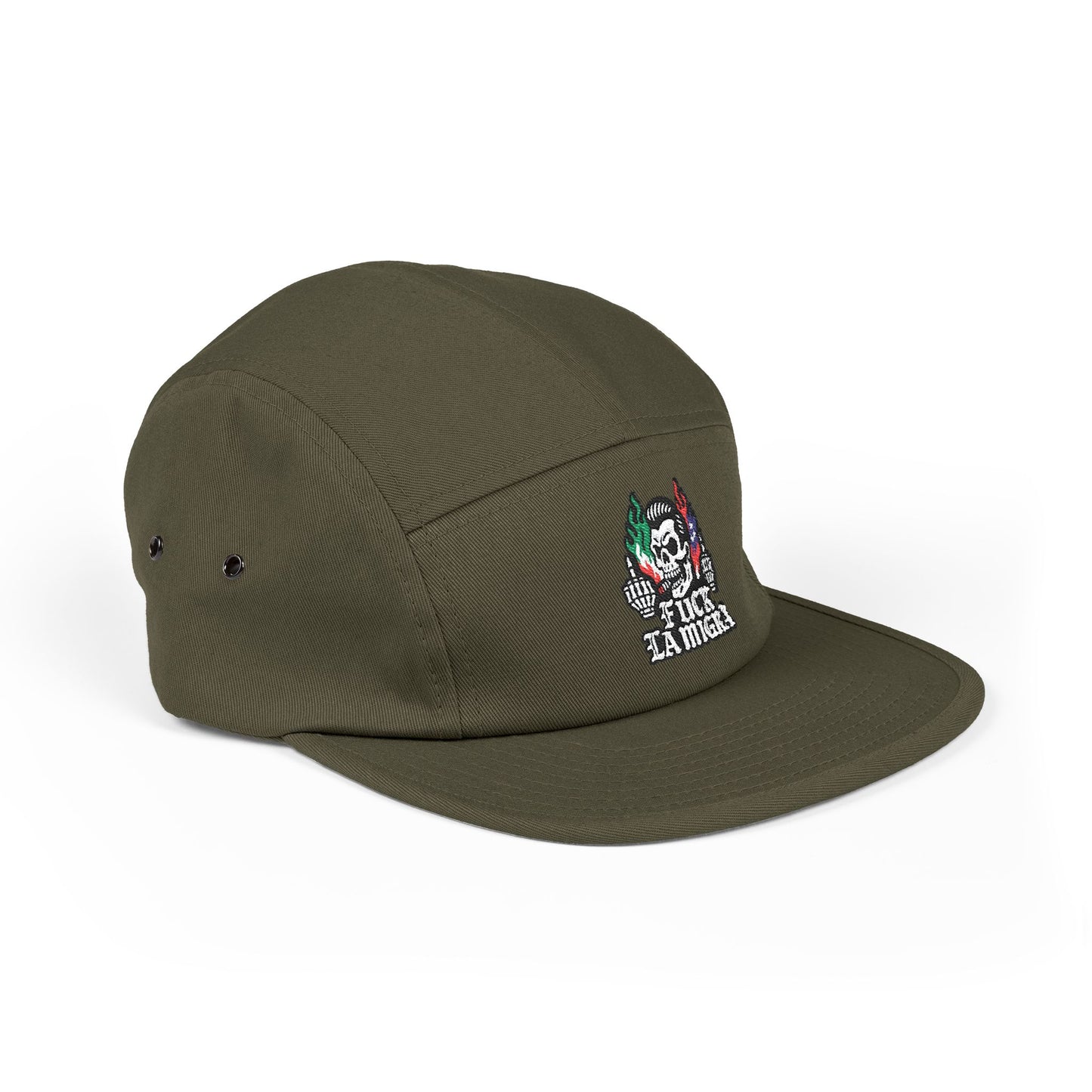Fuck La Migra Hat Embroidered 5-Panel Cap — Skull with Mexican Flag Accent (Explicit Text)