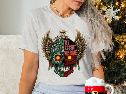 We Resist We Rise Winged Skull Design T-Shirt