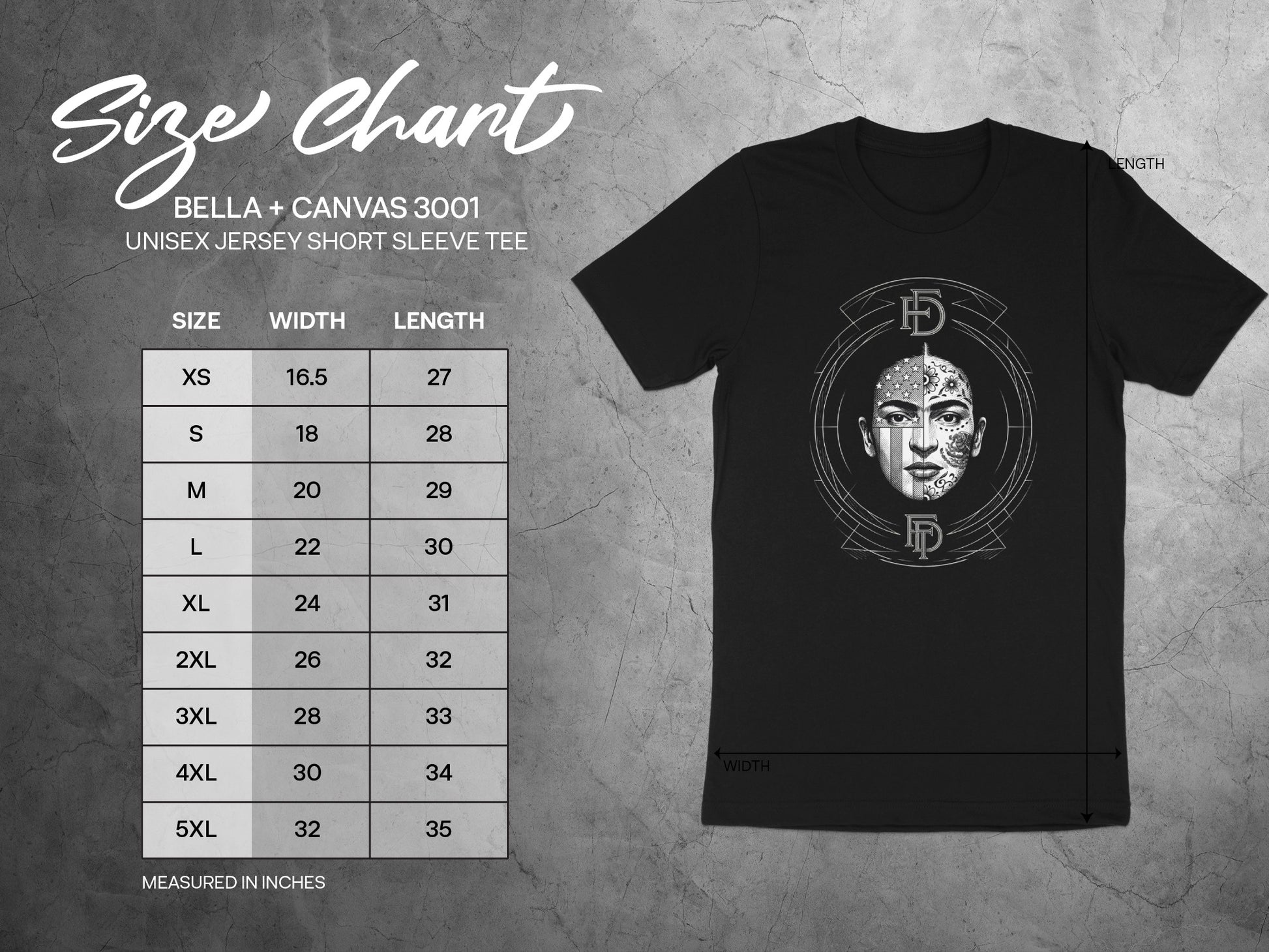 Bella + Canvas 3001 size chart showing width and length measurements for unisex t-shirts.