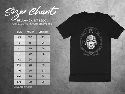 Bella + Canvas 3001 size chart showing width and length measurements for unisex t-shirts.