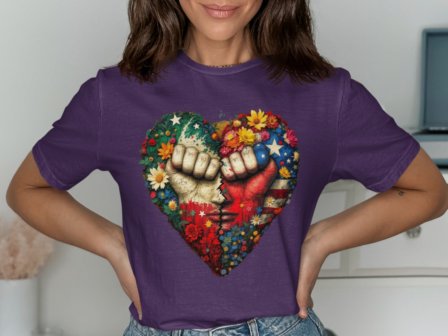 Floral Heart Fists Flag Print on Purple T-shirt product