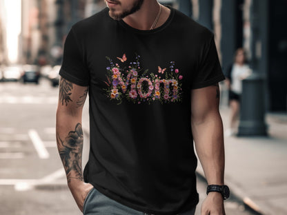 Black t-shirt with "Mom" spelled out in floral letters and butterflies.