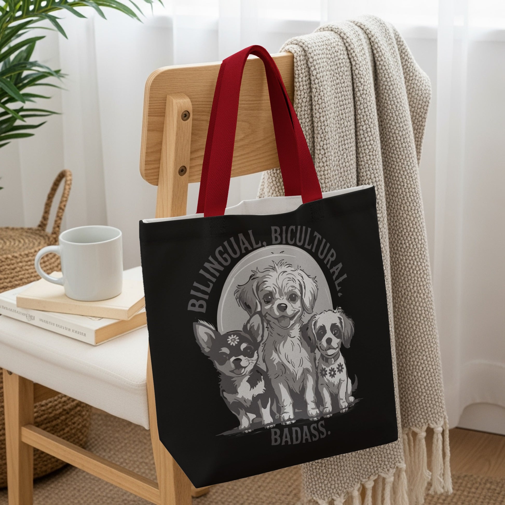 Tote bag with three dogs and text "Bilingual. Bicultural. Badass."