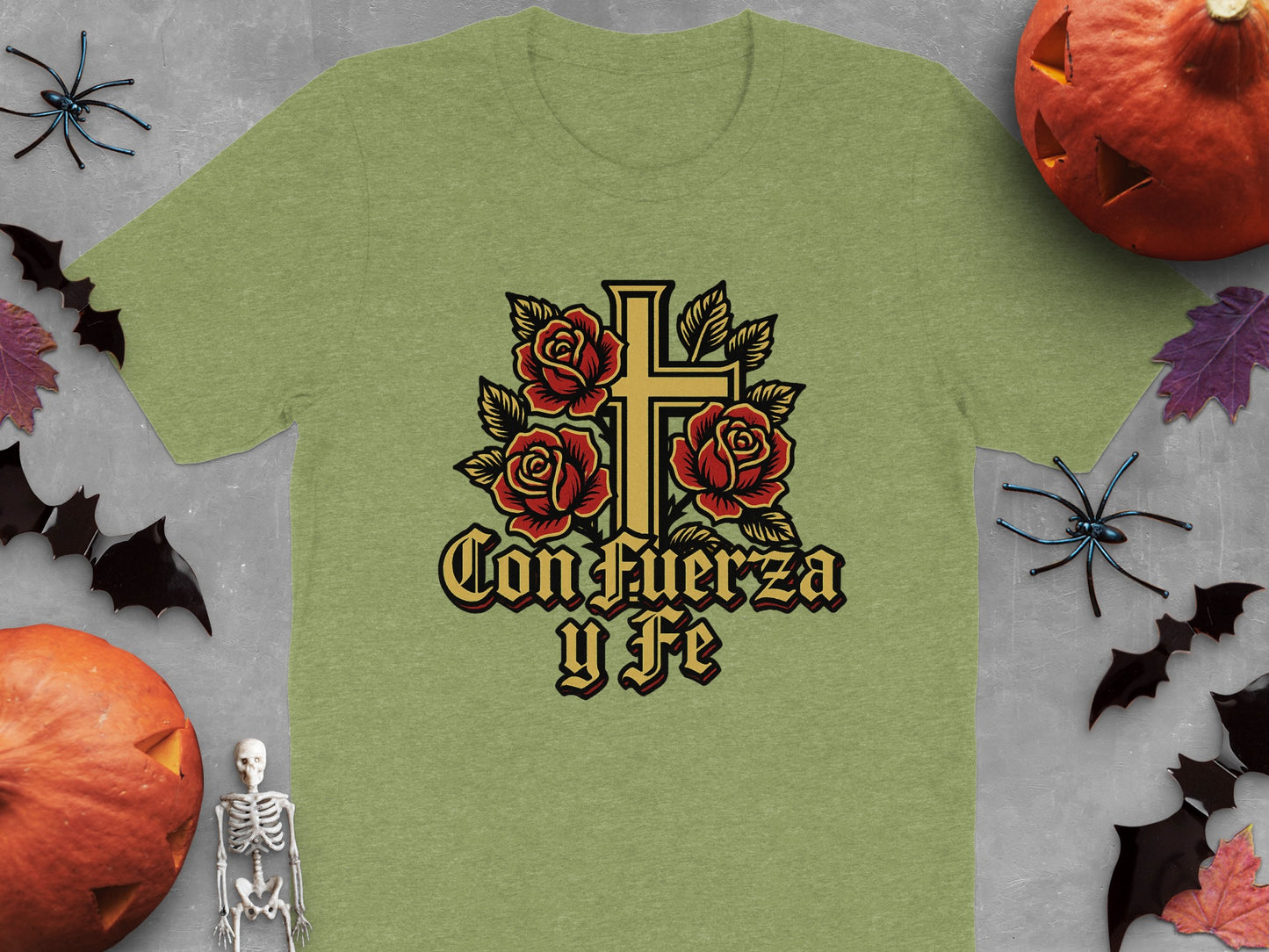 Faith Cross with Roses Graphic on Green Shirt product