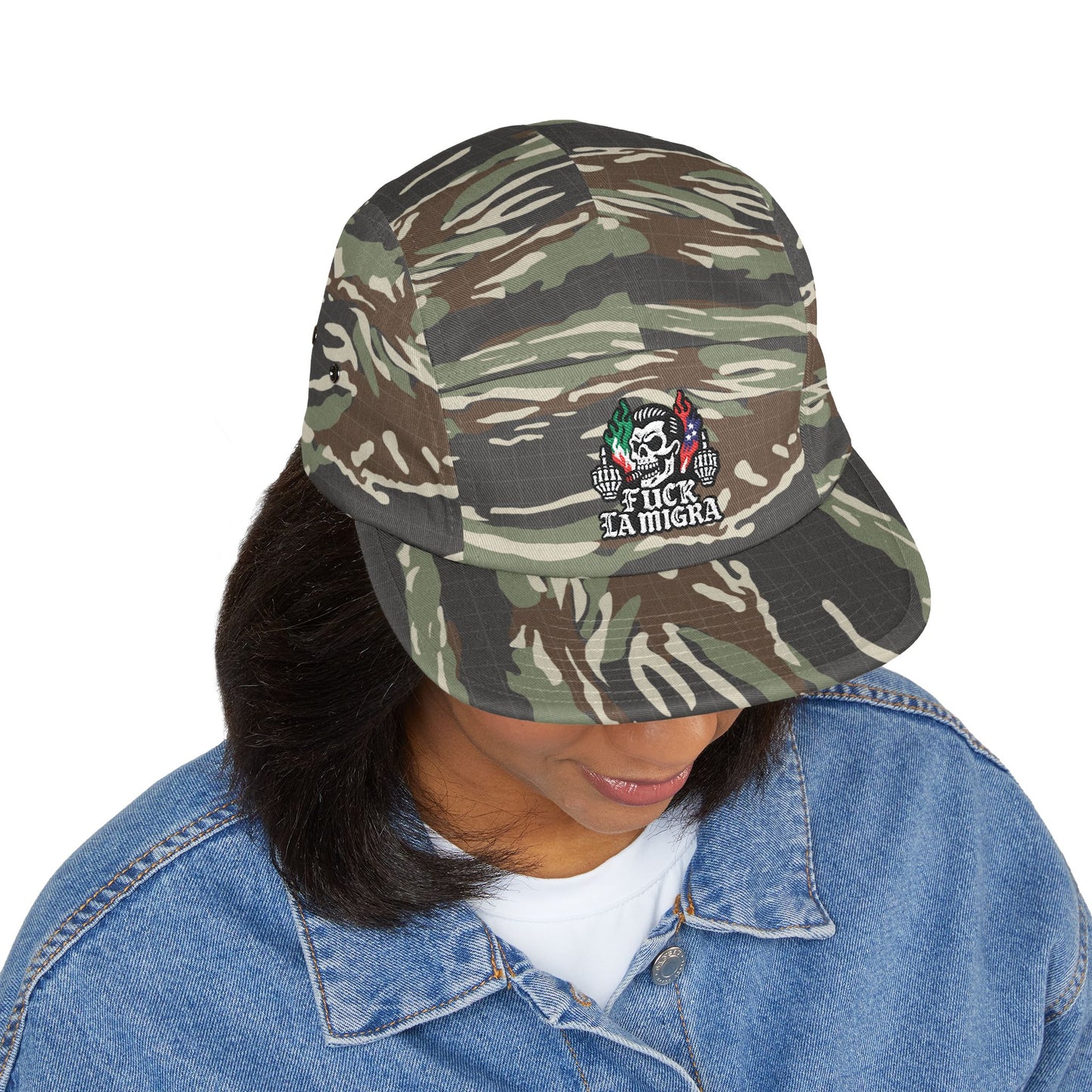Fuck La Migra Hat Embroidered 5-Panel Cap — Skull with Mexican Flag Accent (Explicit Text)