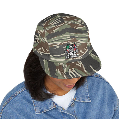 Fuck La Migra Hat Embroidered 5-Panel Cap — Skull with Mexican Flag Accent (Explicit Text)