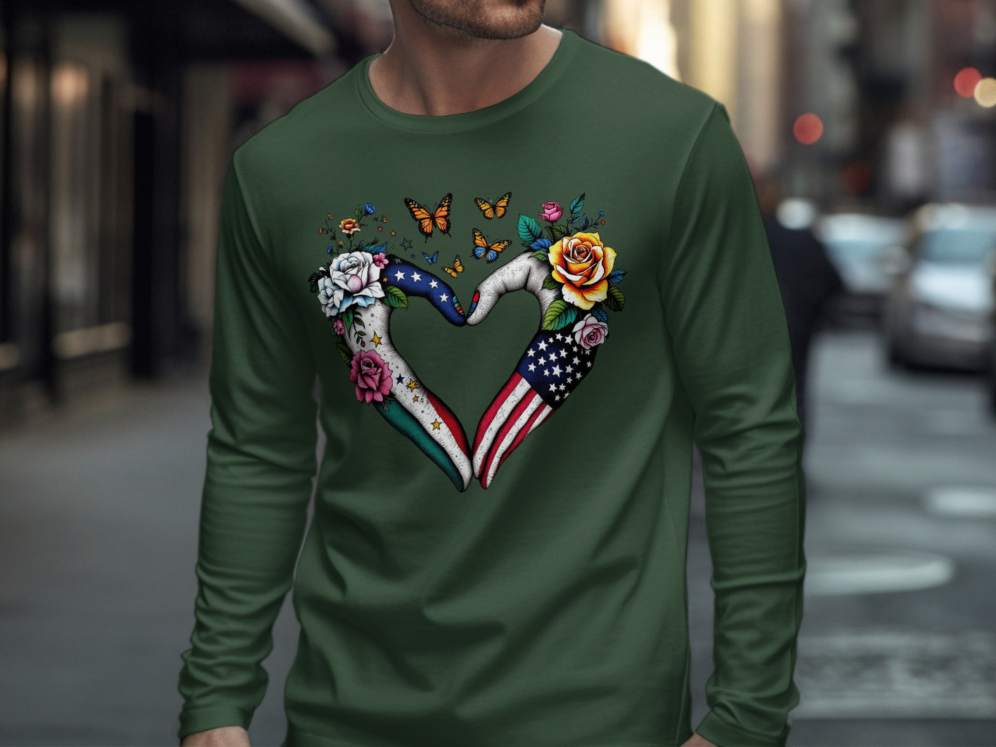 Heart Shaped Hands American Flag Design Long Sleeve Shirt