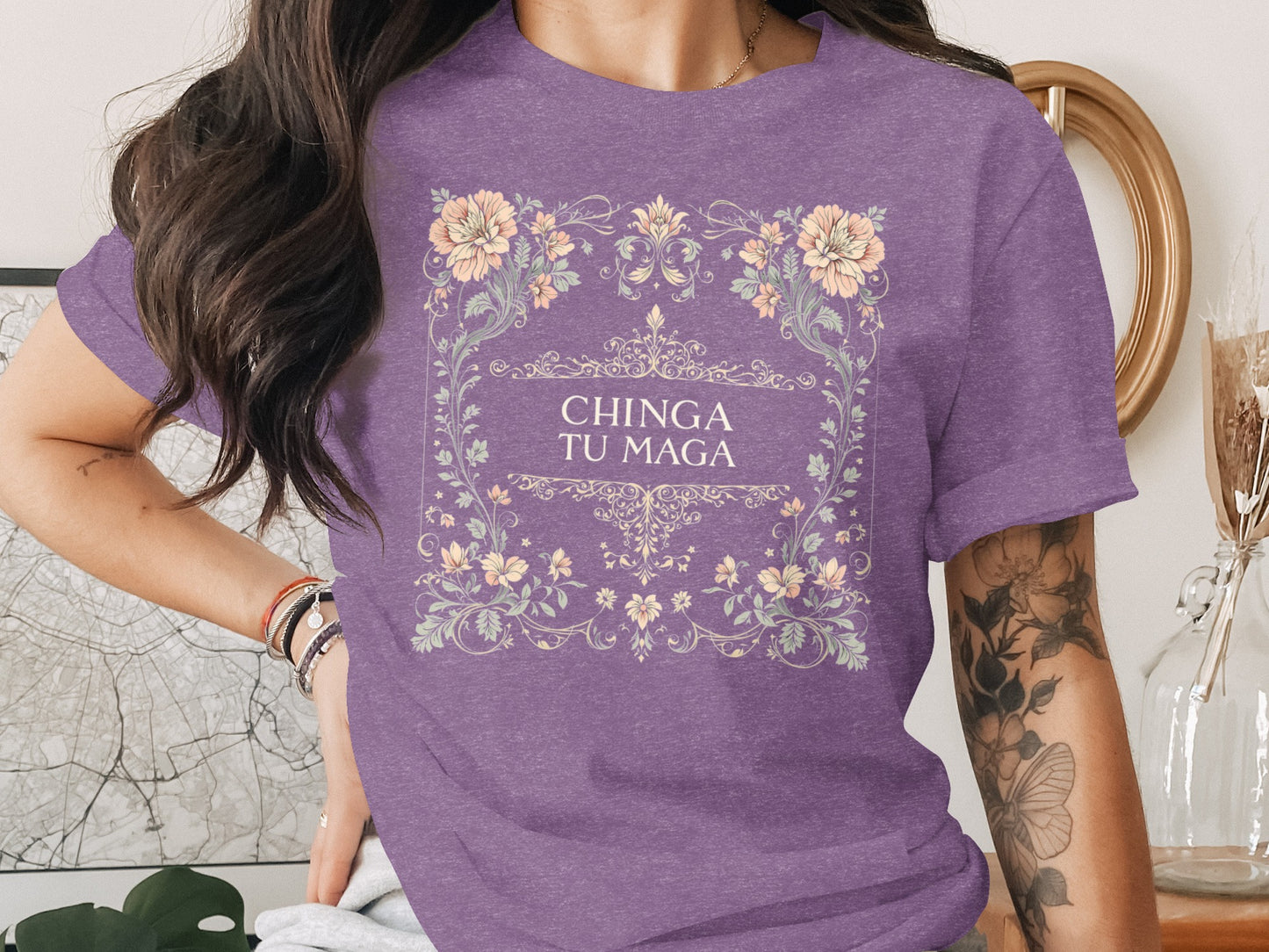 Chinga Tu Maga Graphic Tee with Floral Design