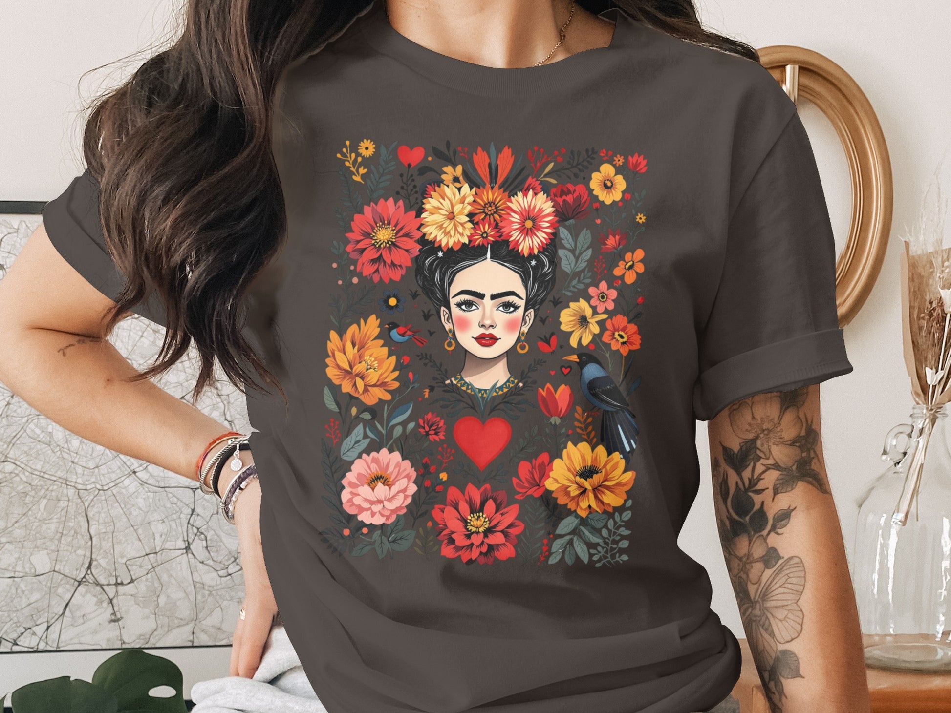 Frida Kahlo Style Woman Floral Garden Birds Red Heart product type