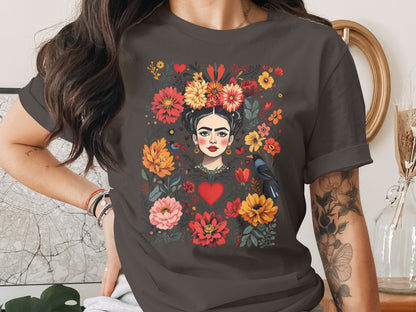 Frida Kahlo Style Woman Floral Garden Birds Red Heart product type