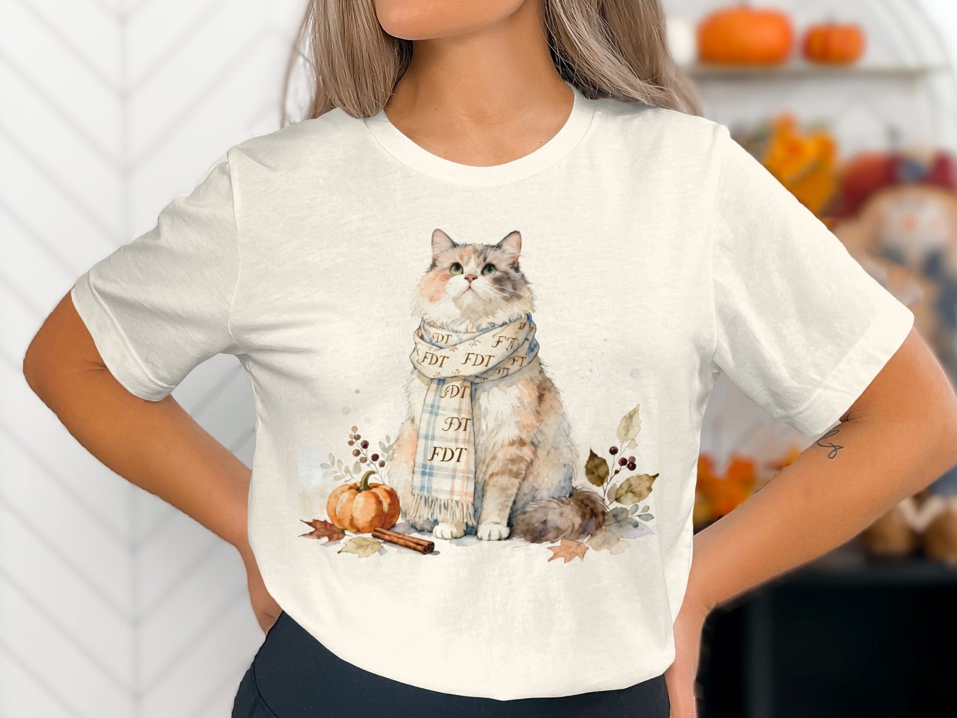 Cute Cat Illustration Autumn Scarf Design Shirt