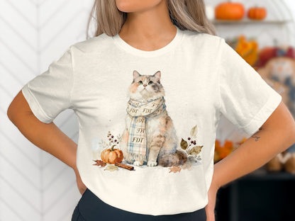 Cute Cat Illustration Autumn Scarf Design Shirt