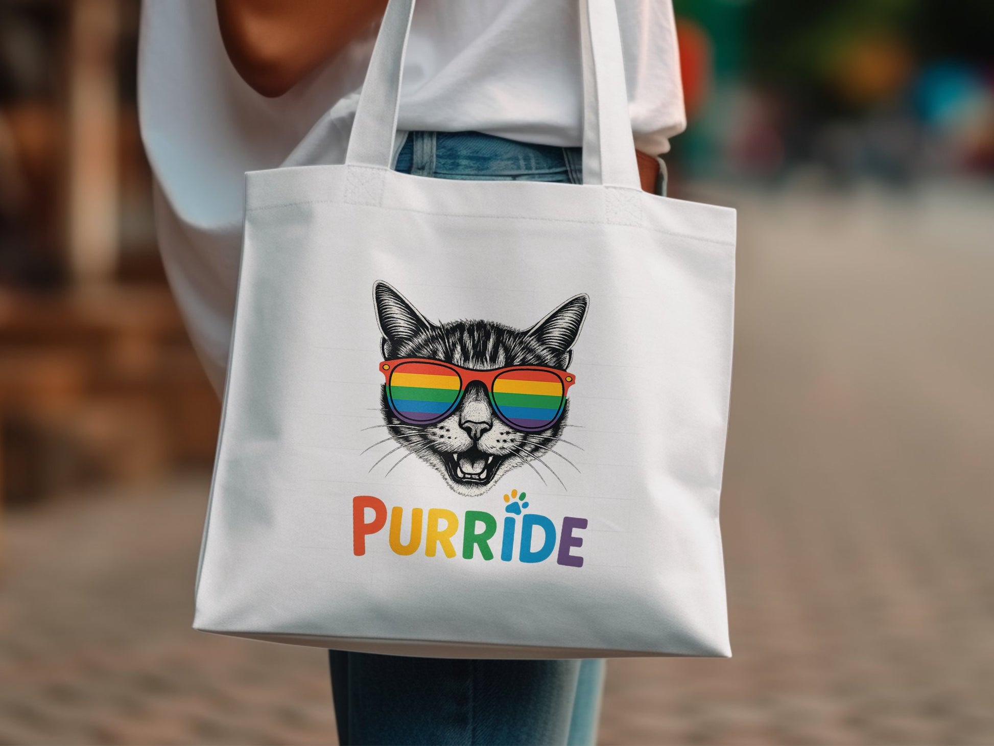 Purride Tote Bag with Cool Cat in Rainbow Sunglasses Product Type