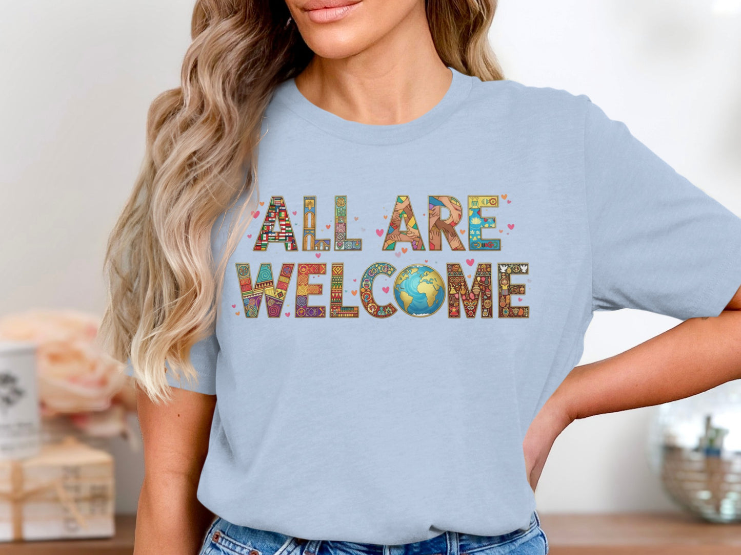 All Are Welcome Colorful Earth Design Shirt