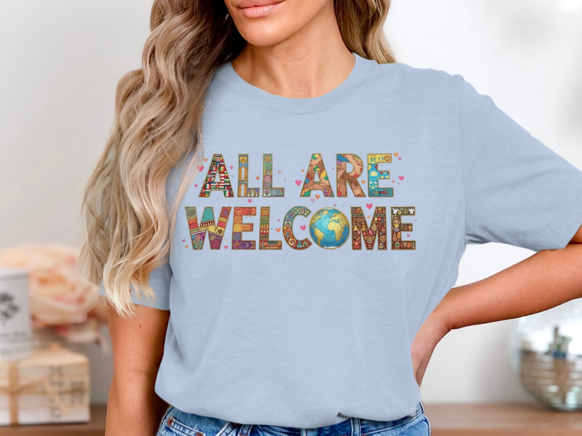 All Are Welcome Colorful Earth Design Shirt