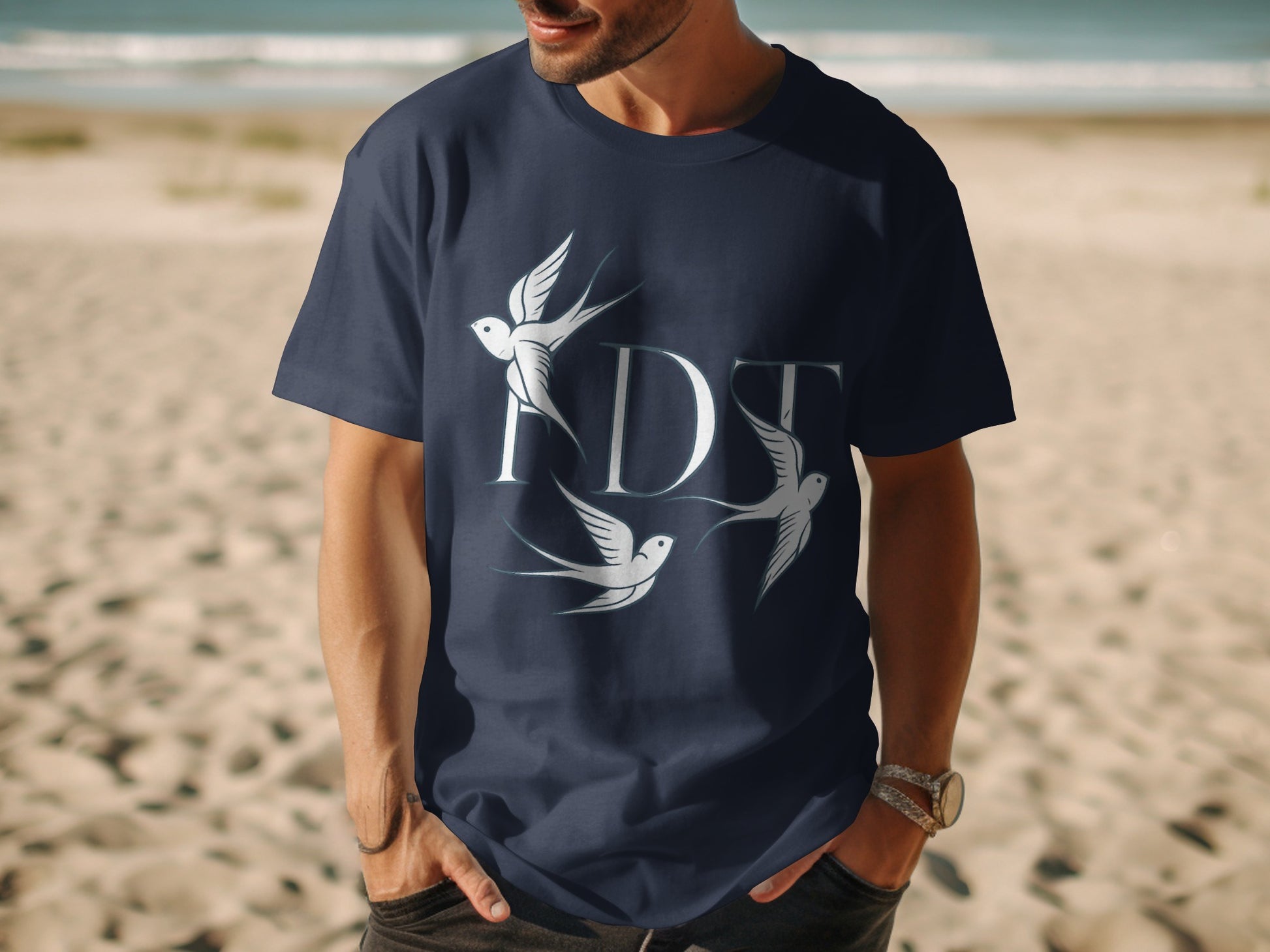 Stylish Blue T-Shirt with Bird Print Design product type