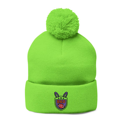 Neon Green Beanie with Pom and Embroidered Logo Hat