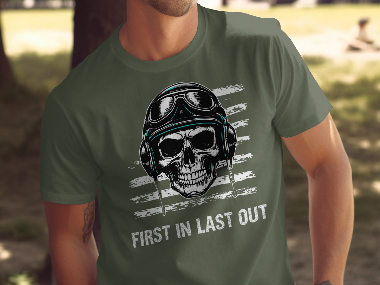 First In Last Out Skull and Gear Graphic Shirt