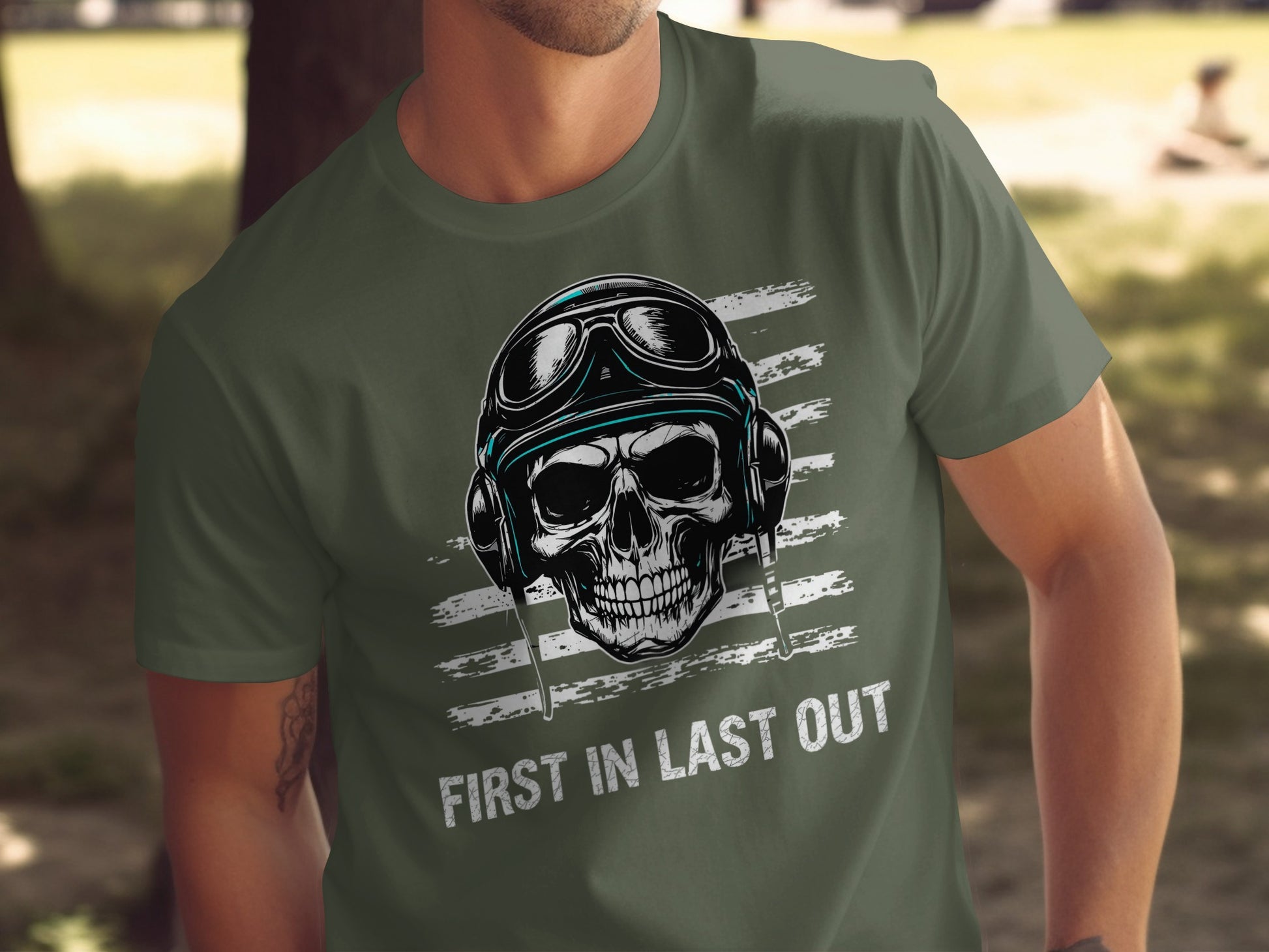 First In Last Out Skull and Gear Graphic Shirt