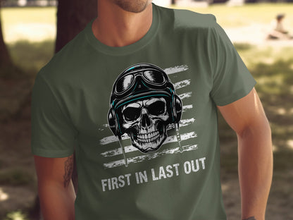 First In Last Out Skull and Gear Graphic Shirt