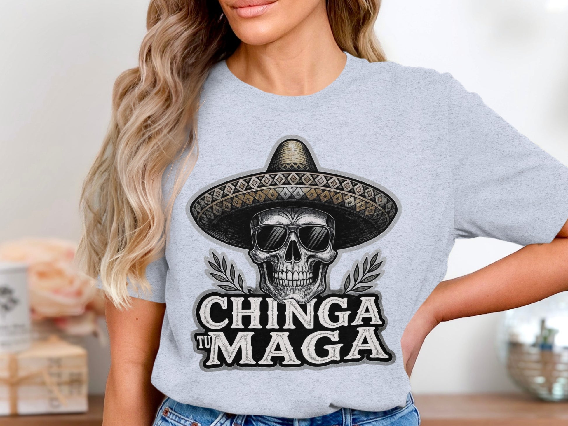 Chinga Tu Maga Graphic T-shirt with Skull Design product type