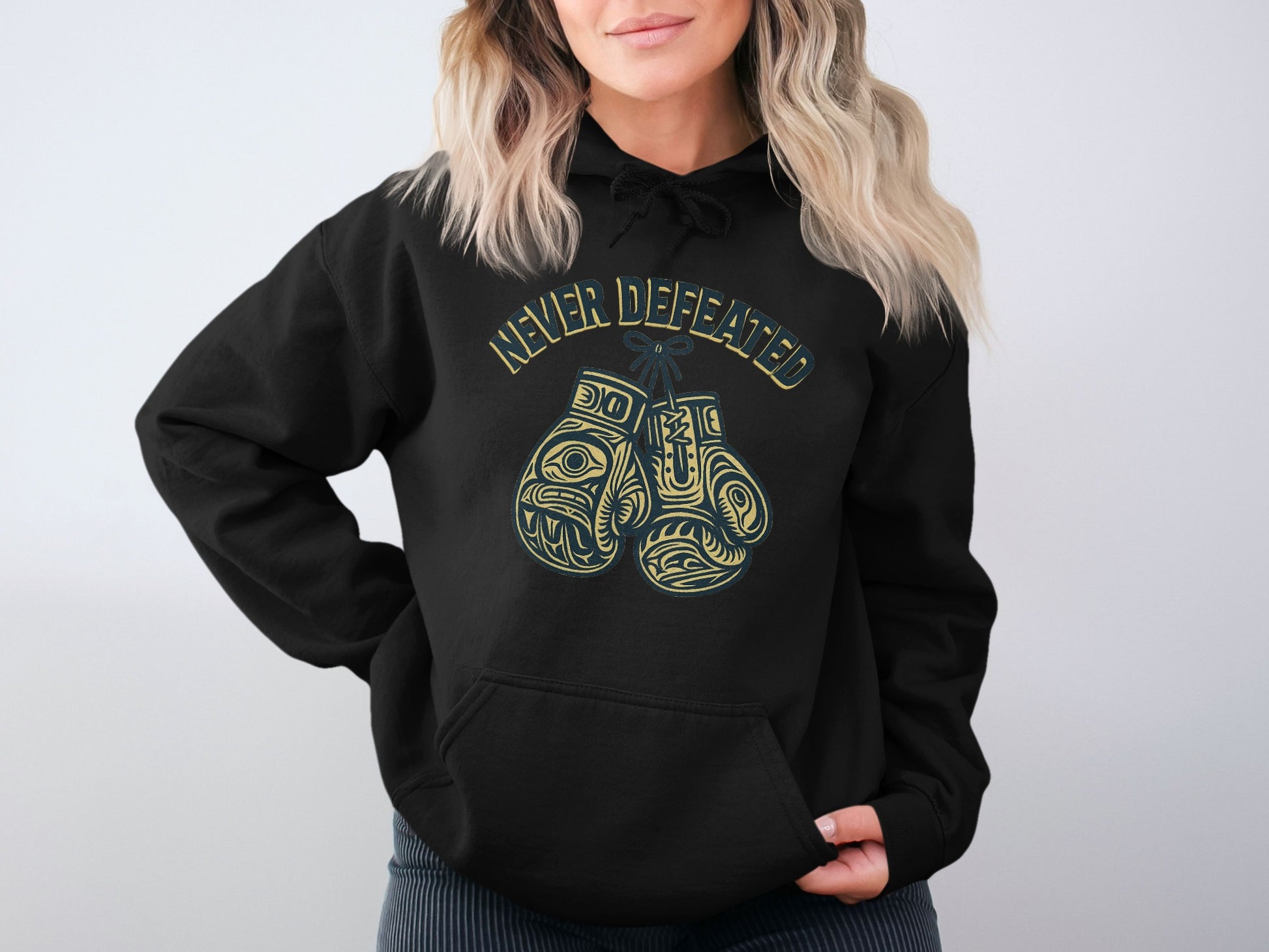 Never Defeated Graphic Hoodie Clothing Product