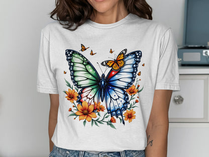 Colorful Butterfly and Flowers Printed Shirt product