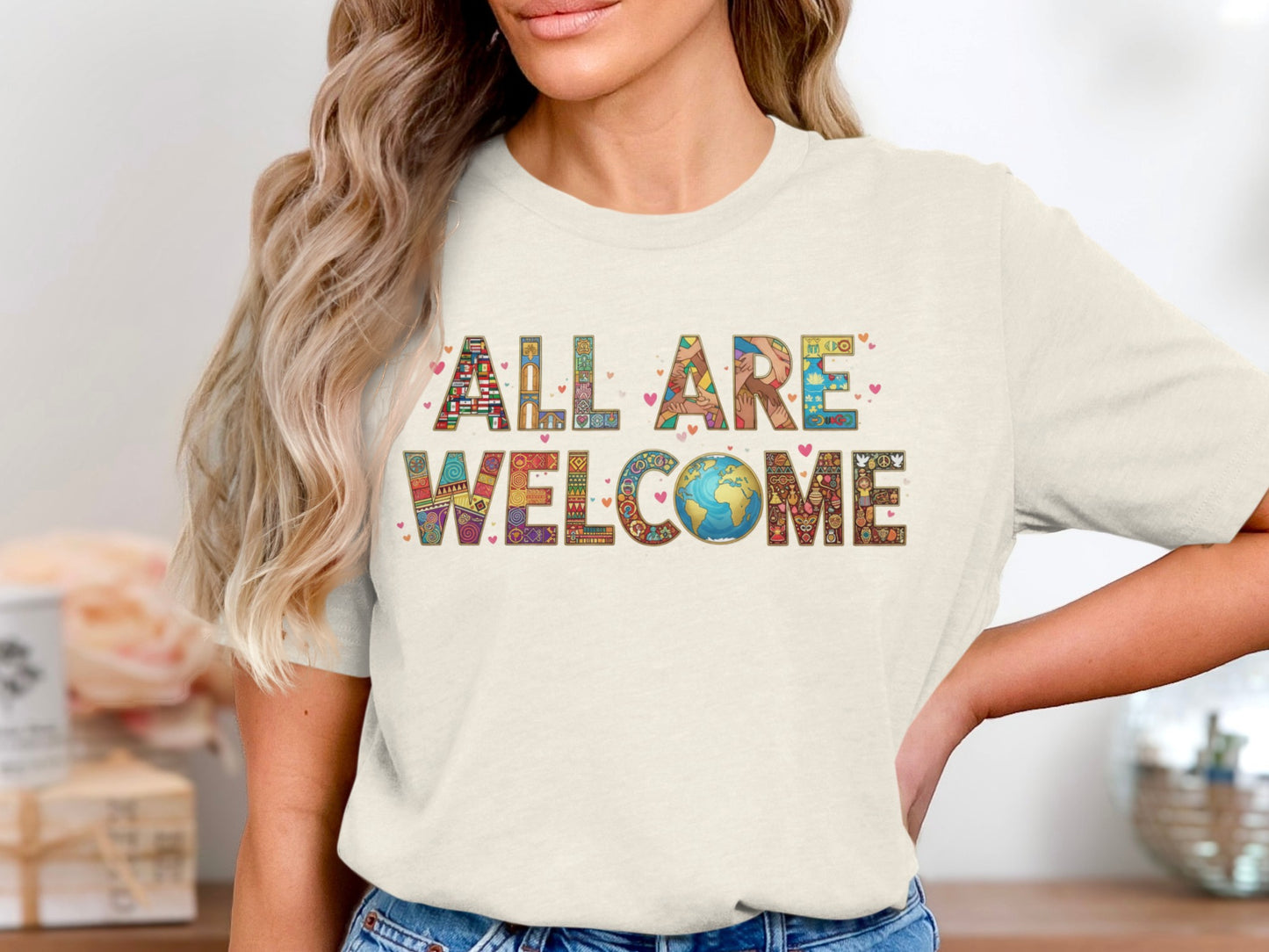 All Are Welcome Colorful Earth Design Shirt