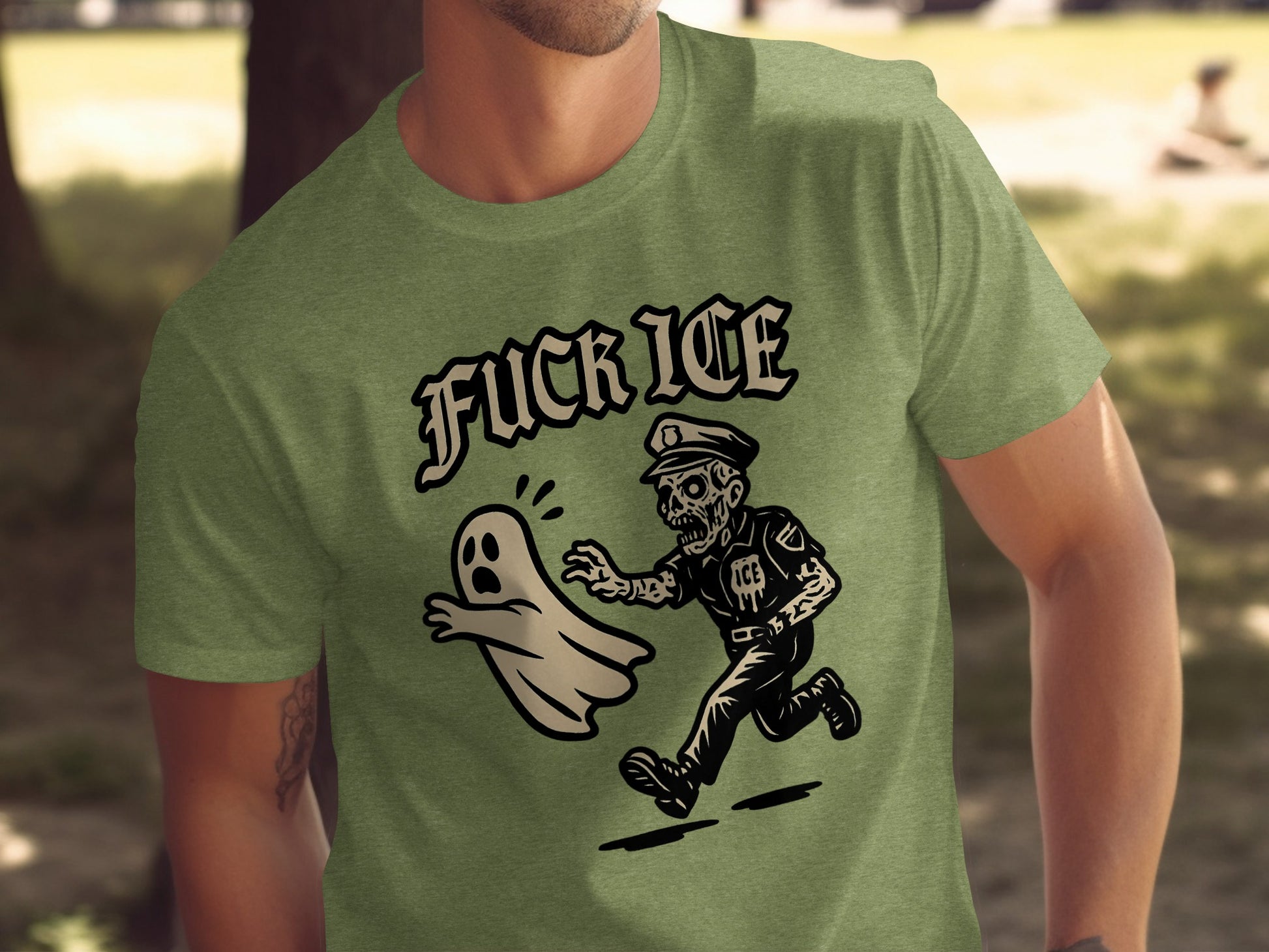 Fuck Ice Ghost Being Chased Graphic Tee Shirt Product