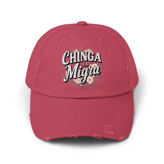 CHINGA LA MIGRA Text Red Distressed Adjustable Cap product type