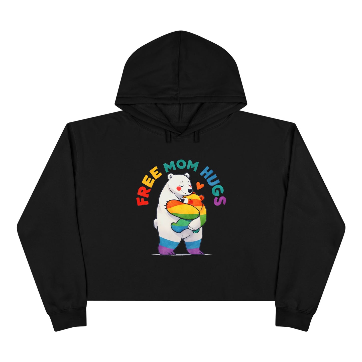 Colorful Bear 'Free Mom Hugs' Crop Hoodie | Fun, Cozy Gift for Moms, Pride, Celebrations, Casual Wear, Trendy Style