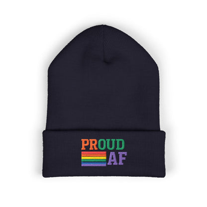 Proud AF Embroidered Beanie — Rainbow Pride Cuffed Hat