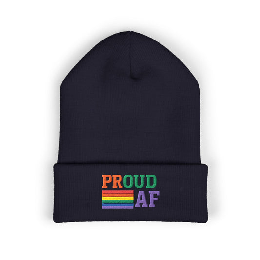 Proud AF Embroidered Beanie — Rainbow Pride Cuffed Hat
